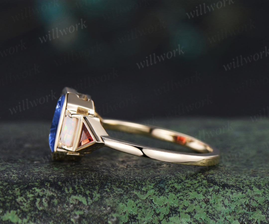Emerald Shape Fantasy Cut Sapphire Engagement Ring Bezel Baguette Opal Trilliant Garnet Ring Unique Five Stone Ring September Birthstone Gifts