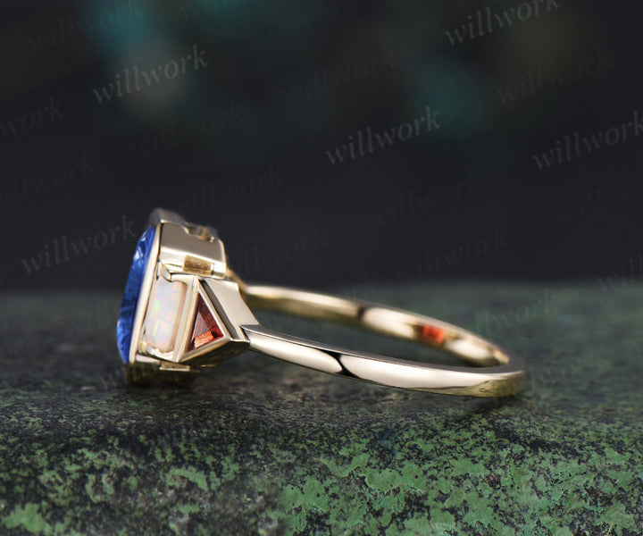 Emerald Shape Fantasy Cut Sapphire Engagement Ring Bezel Baguette Opal Trilliant Garnet Ring Unique Five Stone Ring September Birthstone Gifts