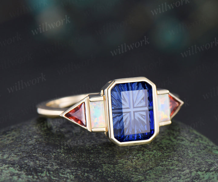 Emerald Shape Fantasy Cut Sapphire Engagement Ring Bezel Baguette Opal Trilliant Garnet Ring Unique Five Stone Ring September Birthstone Gifts