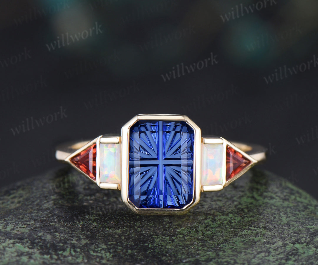 Emerald Shape Fantasy Cut Sapphire Engagement Ring Bezel Baguette Opal Trilliant Garnet Ring Unique Five Stone Ring September Birthstone Gifts
