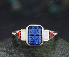 Emerald Shape Fantasy Cut Sapphire Engagement Ring Bezel Baguette Opal Trilliant Garnet Ring Unique Five Stone Ring September Birthstone Gifts