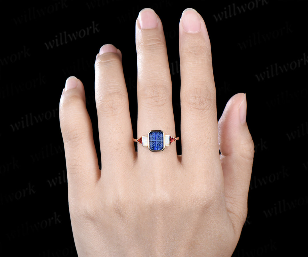 Emerald Shape Fantasy Cut Sapphire Engagement Ring Bezel Baguette Opal Trilliant Garnet Ring Unique Five Stone Ring September Birthstone Gifts