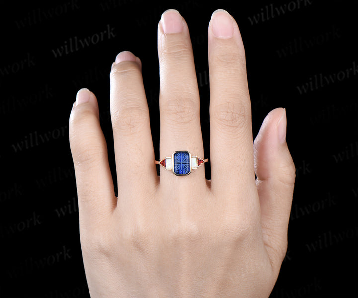 Emerald Shape Fantasy Cut Sapphire Engagement Ring Bezel Baguette Opal Trilliant Garnet Ring Unique Five Stone Ring September Birthstone Gifts