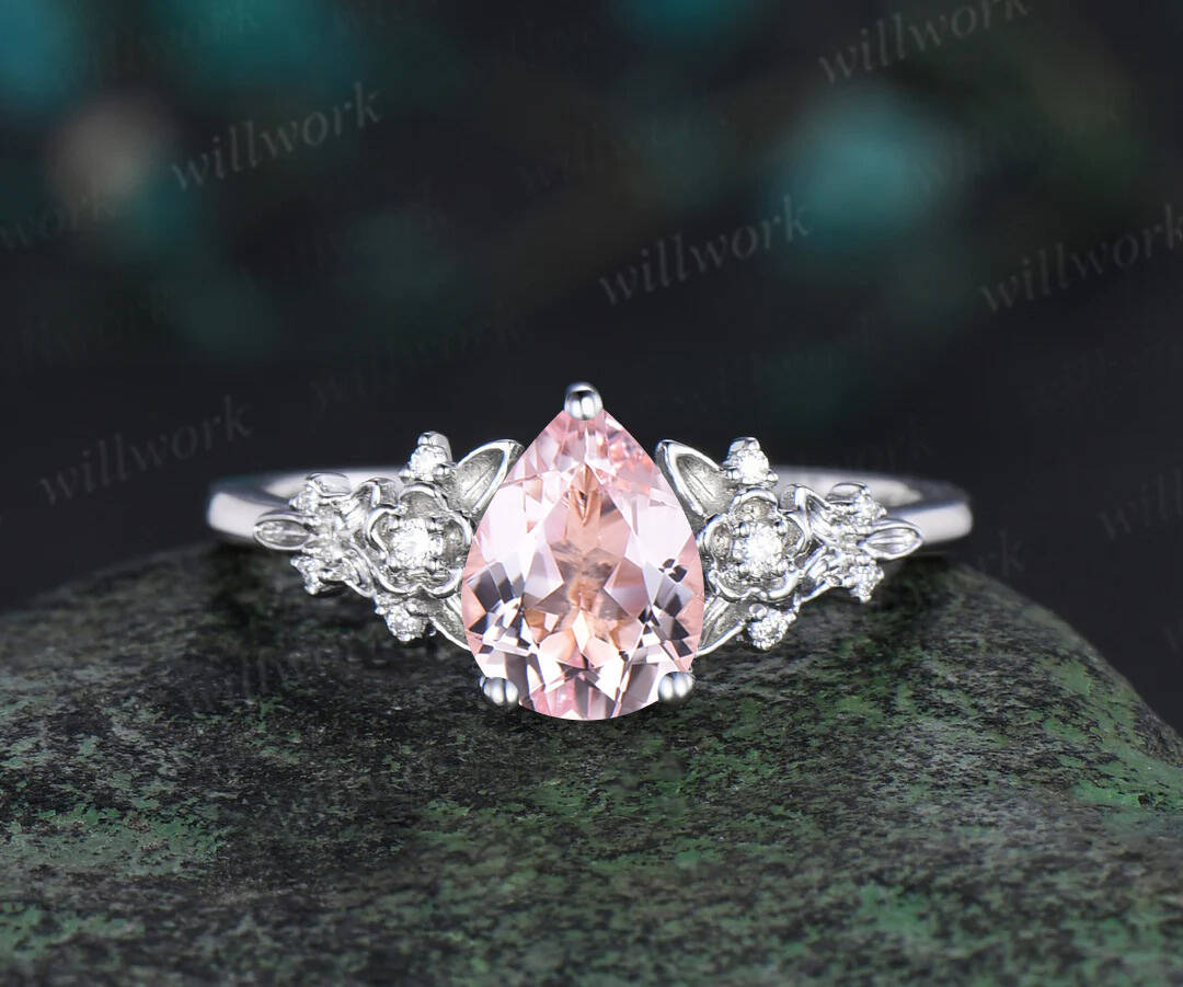 Vintage pear pink morganite engagement ring floral leaf diamond ring solid 14k  rose gold nature inspired bridal wedding ring set women