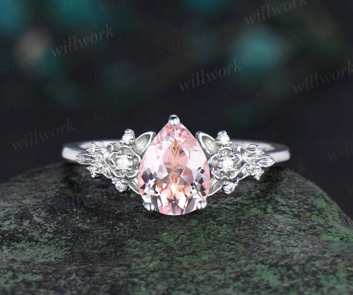 Vintage pear pink morganite engagement ring floral leaf diamond ring solid 14k  rose gold nature inspired bridal wedding ring set women