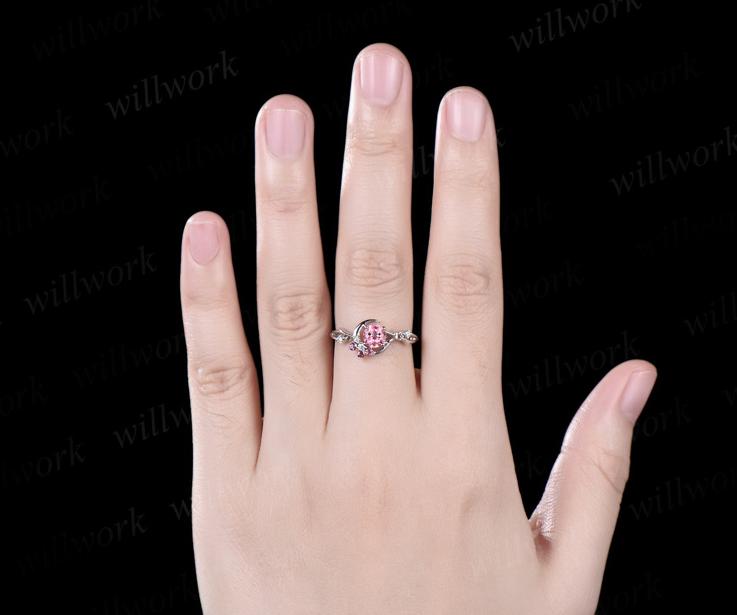 5mm round Padparadscha sapphire engagement ring moon star twig