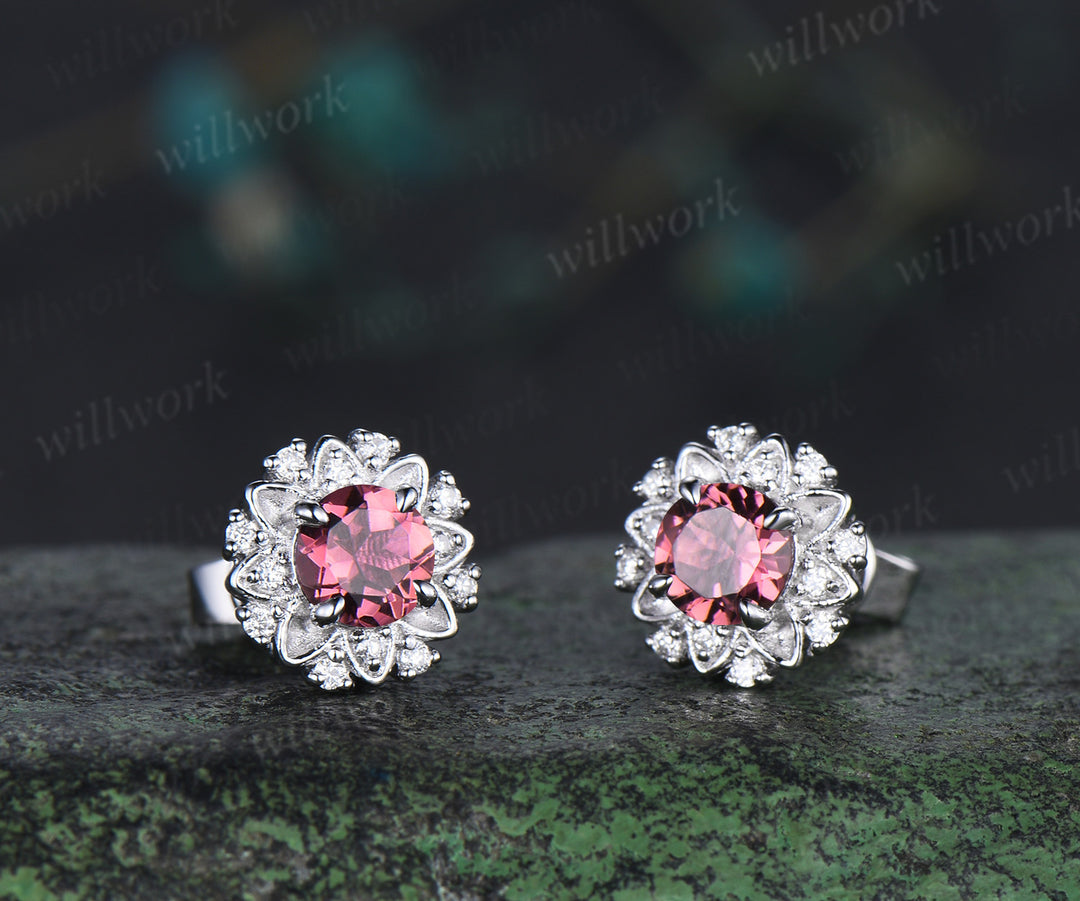 Round cut natural pink tourmaline floral earrings unique moissanite halo stud earrings for women graduation birthday anniversary gift