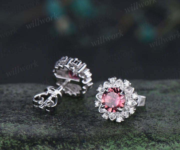 Round cut natural pink tourmaline floral earrings unique moissanite halo stud earrings for women graduation birthday anniversary gift