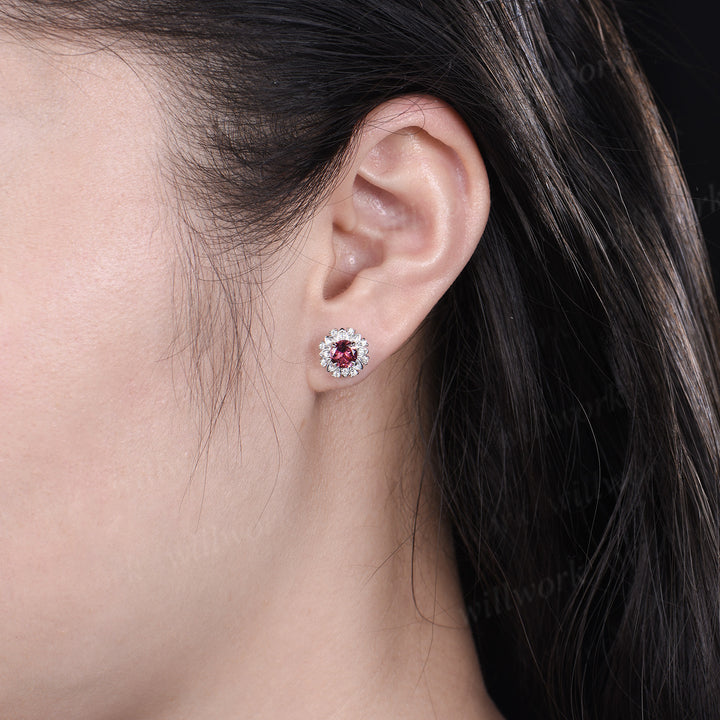 Round cut natural pink tourmaline floral earrings unique moissanite halo stud earrings for women graduation birthday anniversary gift