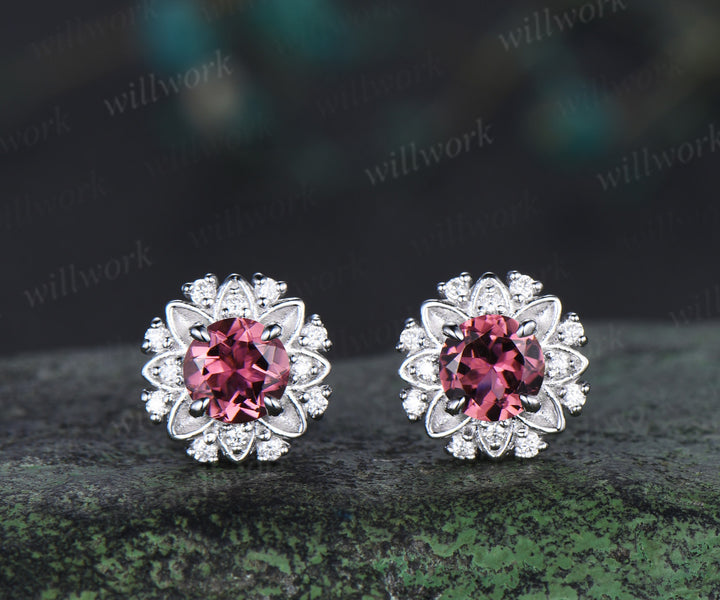 Round cut natural pink tourmaline floral earrings unique moissanite halo stud earrings for women graduation birthday anniversary gift