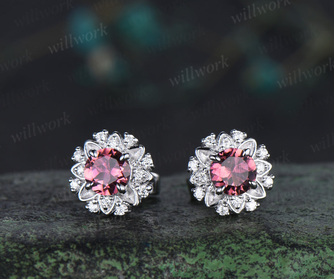 Round cut natural pink tourmaline floral earrings unique moissanite halo stud earrings for women graduation birthday anniversary gift