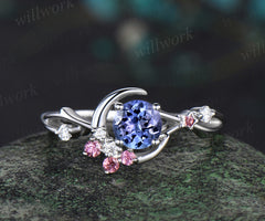 5mm round tanzanite engagement ring moon star twig ring pink tourmaline diamond cluster ring December birthstone bridal gifts