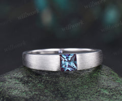 Princess cut color-change alexandrite mens wedding band solid 14k white gold brushed finished ring unique anniversary gifts for men