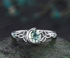 Round cut moss agate ring unique moon Celtic knot three stone ring art deco emerald ring gifts for women