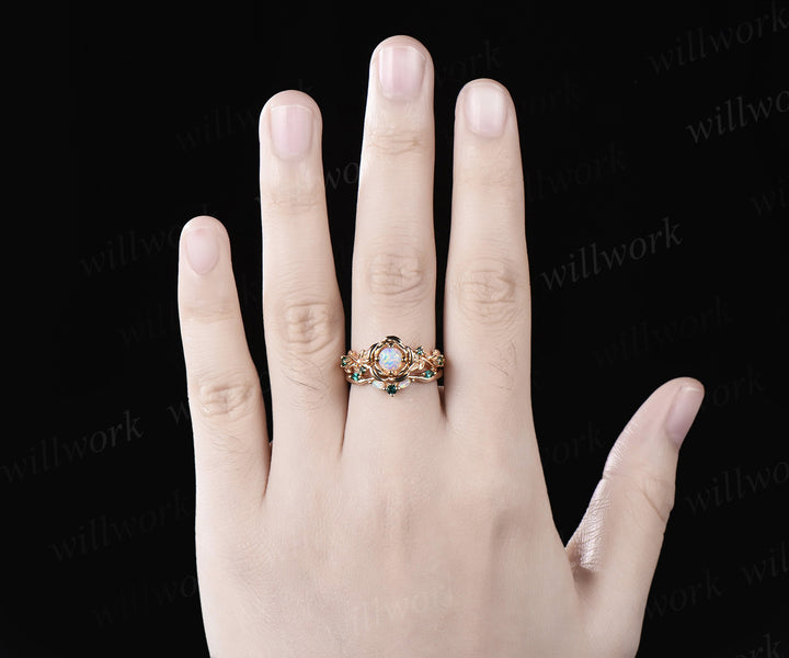 Vintage round cut opal engagement ring set yellow gold flower floral leaf twisted five stone ring curved emerald band bridal set