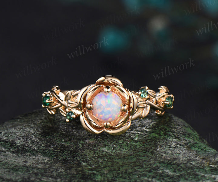 Vintage round cut opal engagement ring set yellow gold flower floral leaf twisted five stone ring curved emerald band bridal set