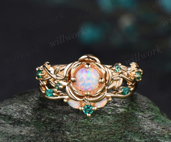 Vintage round cut opal engagement ring set yellow gold flower floral leaf twisted five stone ring curved emerald band bridal set