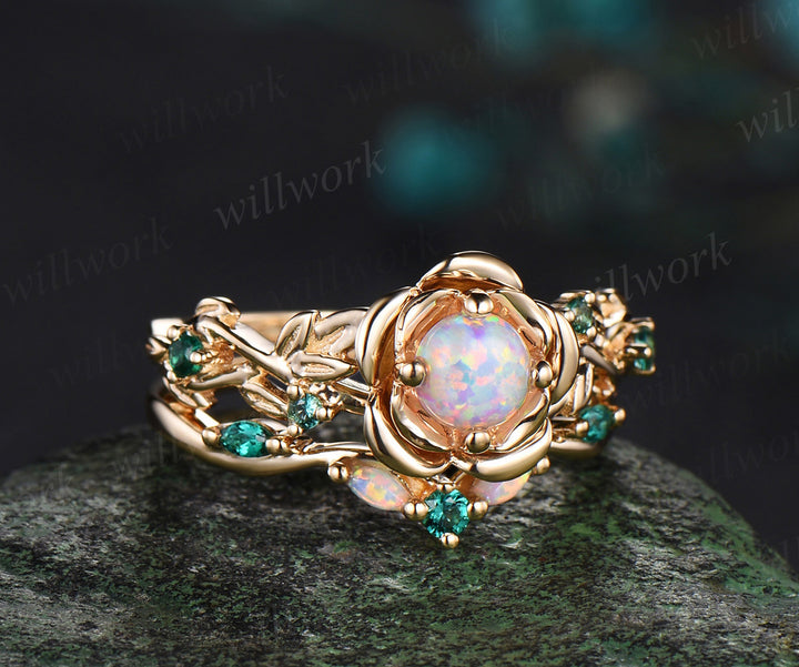Vintage round cut opal engagement ring set yellow gold flower floral leaf twisted five stone ring curved emerald band bridal set