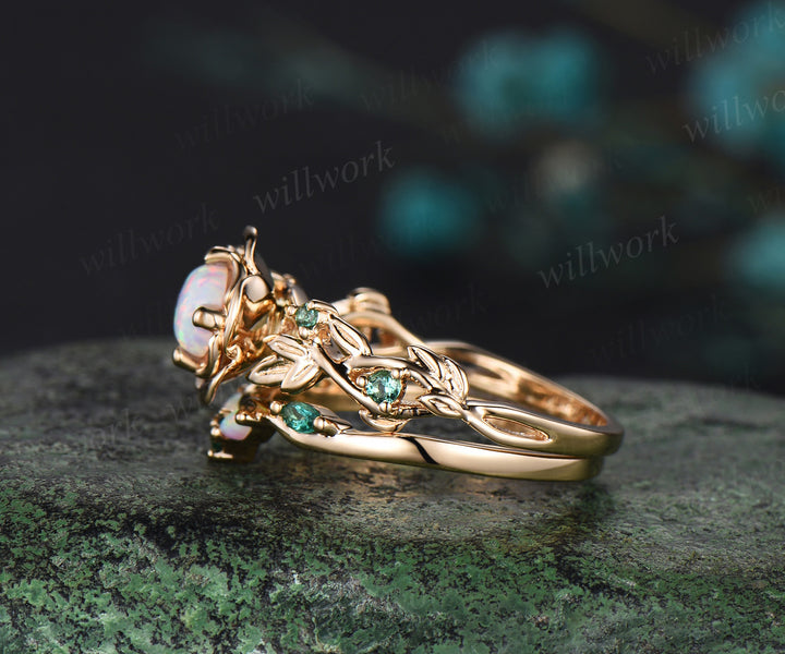 Vintage round cut opal engagement ring set yellow gold flower floral leaf twisted five stone ring curved emerald band bridal set