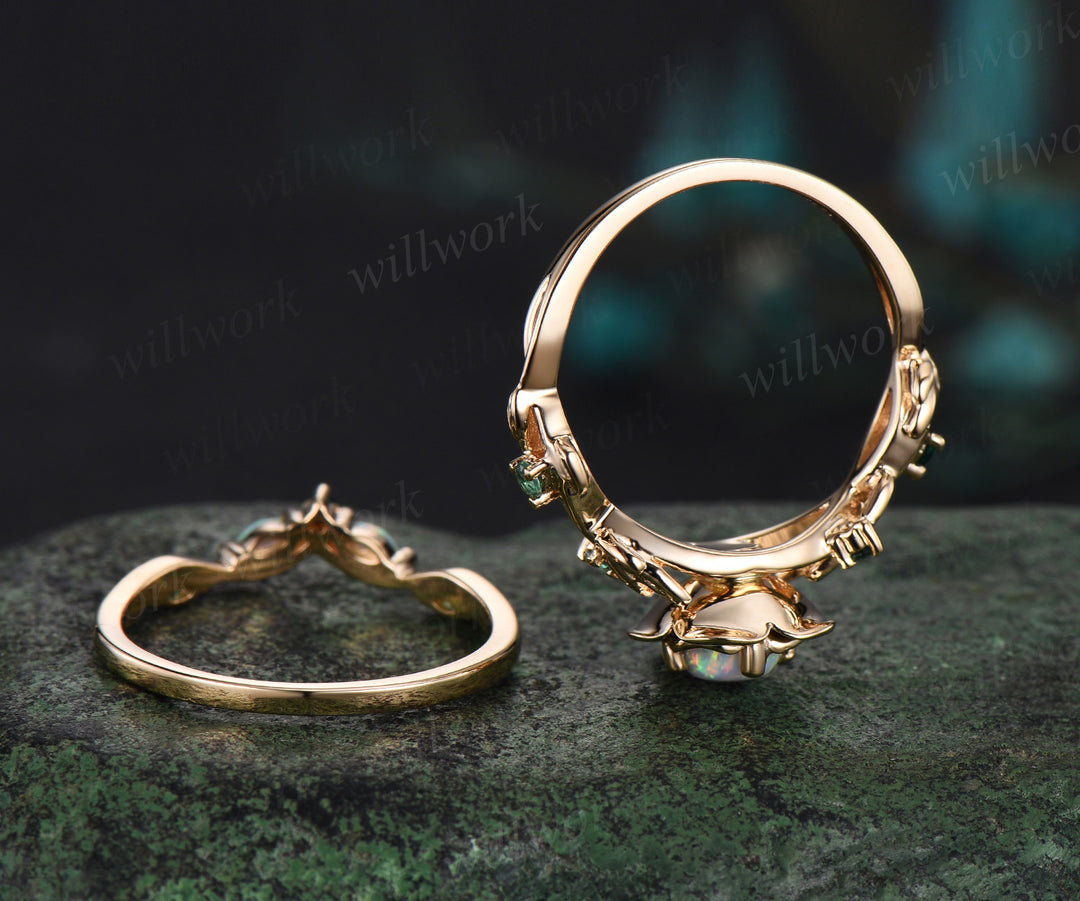 Vintage round cut opal engagement ring set yellow gold flower floral leaf twisted five stone ring curved emerald band bridal set
