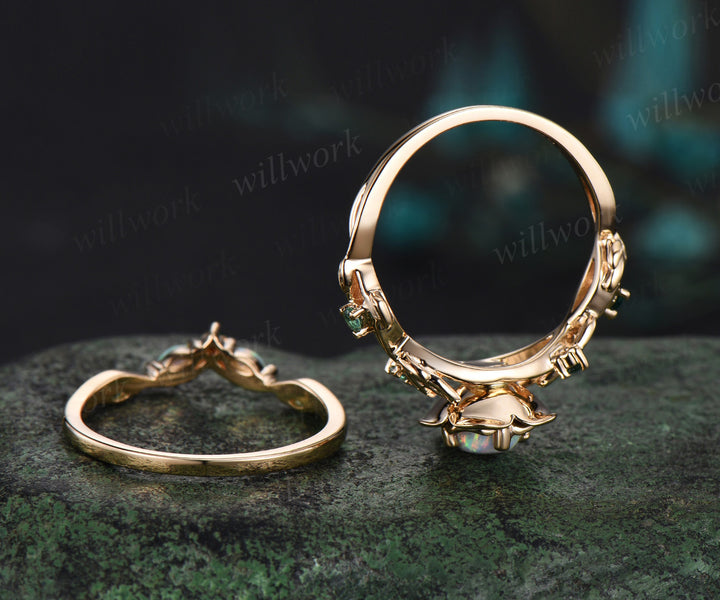 Vintage round cut opal engagement ring set yellow gold flower floral leaf twisted five stone ring curved emerald band bridal set