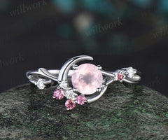 Vintage round rose quartz engagement ring moon star twig Ring pink tourmaline diamond cluster ring promise anniversary gifts