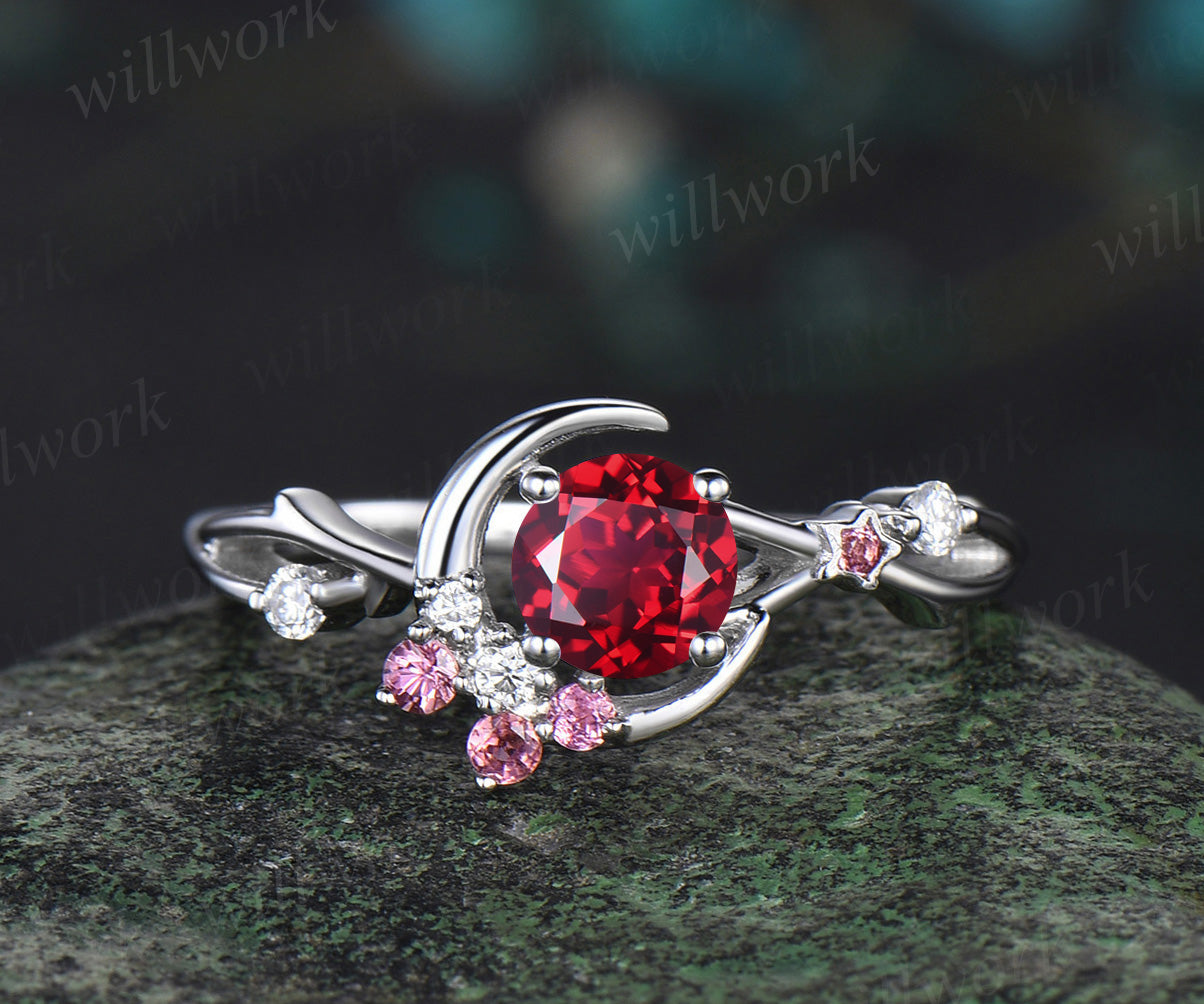 Vintage round ruby engagement ring moon star twig ring pink