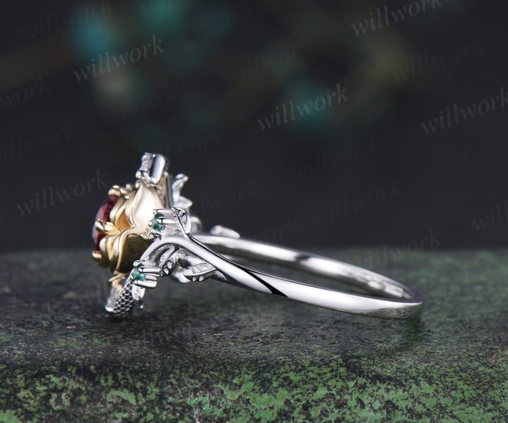 Round cut ruby florla ring two gold tone engagement ring unique emerald leaf twig snake ring gifts for women