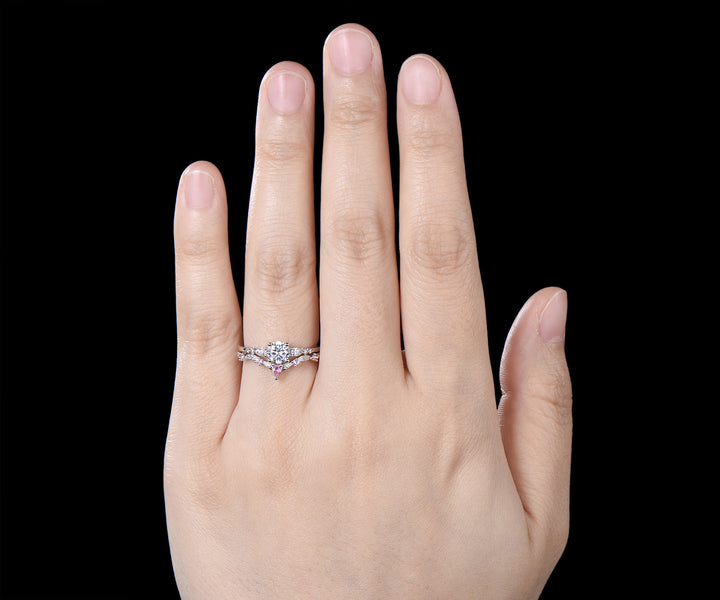 Round Moissanite Engagement Ring Set Minimalist Seven Stone Ring Curved Morganite Band Unique Moissanite Bridal Set