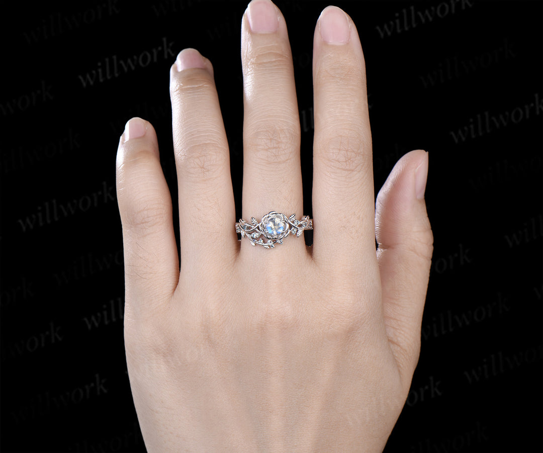 Round moonstone floral leaf ring infinity twisted alexandrite leaf engagement ring nature inspired bridal ring