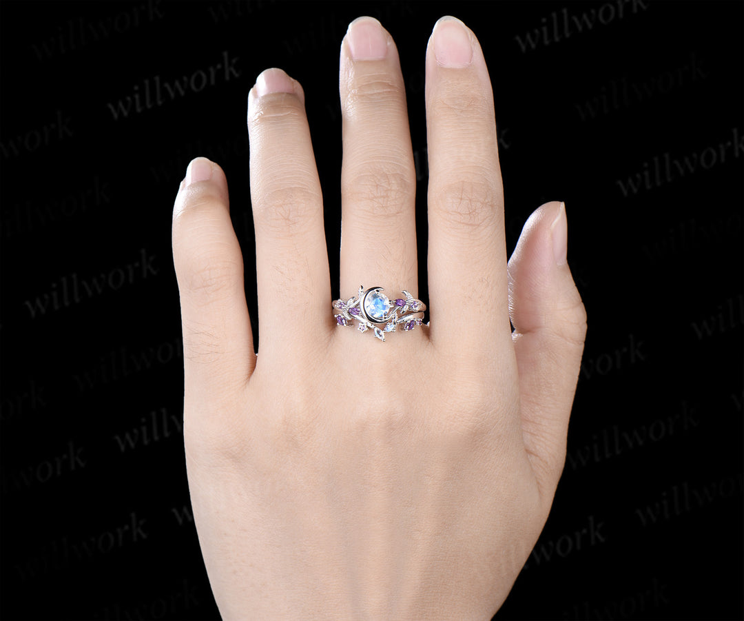 Round moonstone leaf twig ring set nature inspired crescent moon star amethyst bridal ring set