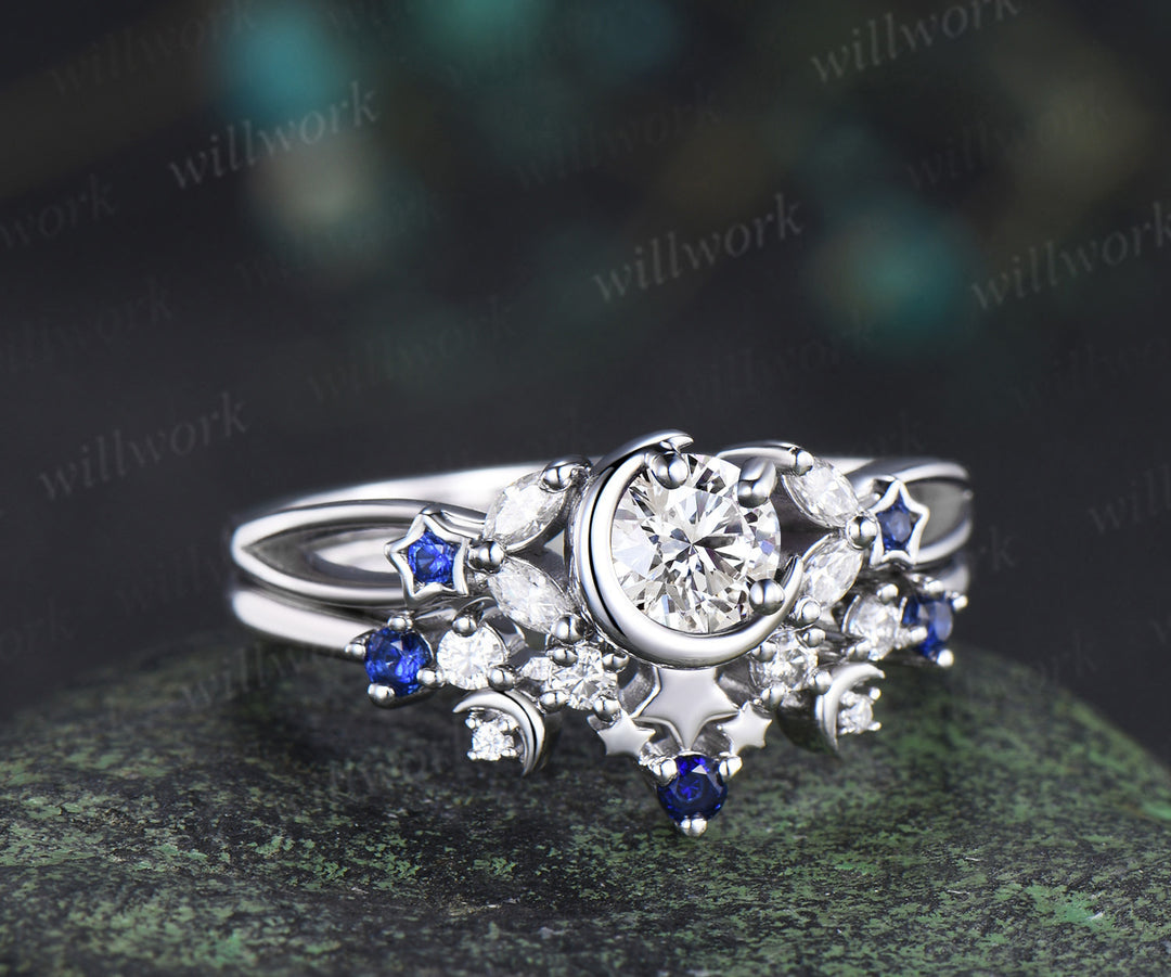 Round IGI lab grown diamond moon star ring set marquise diamond natural sapphire split shank ring unique crescent starry wedding bridal set