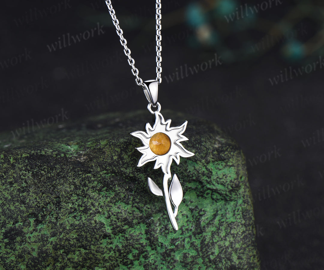 5mm round citrine sunflower pendant necklace bezel yellow gemstone leaf charm necklace for women
