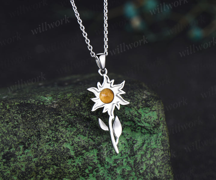 5mm round citrine sunflower pendant necklace bezel yellow gemstone leaf charm necklace for women