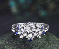 Round IGI lab grown diamond moon star ring set marquise diamond natural sapphire split shank ring unique crescent starry wedding bridal set
