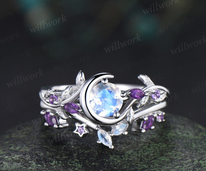 Round moonstone leaf twig ring set nature inspired crescent moon star amethyst bridal ring set