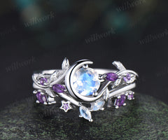 Round moonstone leaf twig ring set nature inspired crescent moon star amethyst bridal ring set