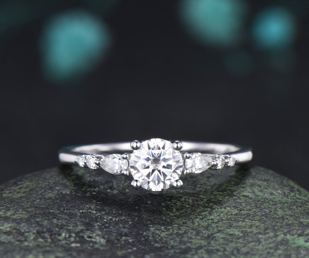 Round Moissanite Engagement Ring Set Minimalist Seven Stone Ring Curved Morganite Band Unique Moissanite Bridal Set