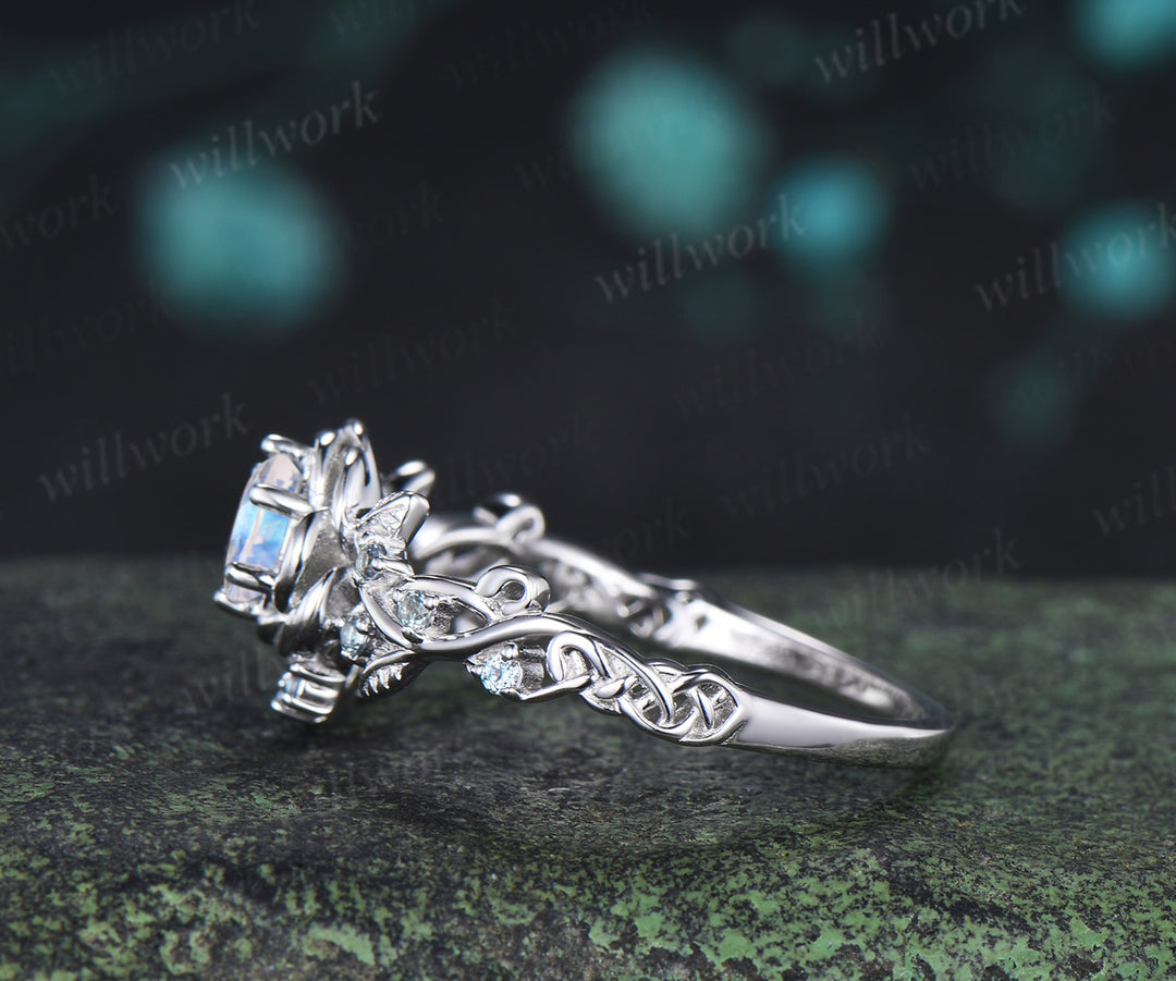 Round moonstone floral leaf ring infinity twisted alexandrite leaf engagement ring nature inspired bridal ring