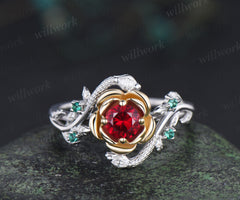 Round cut ruby florla ring two gold tone engagement ring unique emerald leaf twig snake ring gifts for women