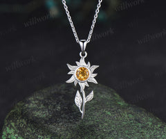 5mm round citrine sunflower pendant necklace bezel yellow gemstone leaf charm necklace for women