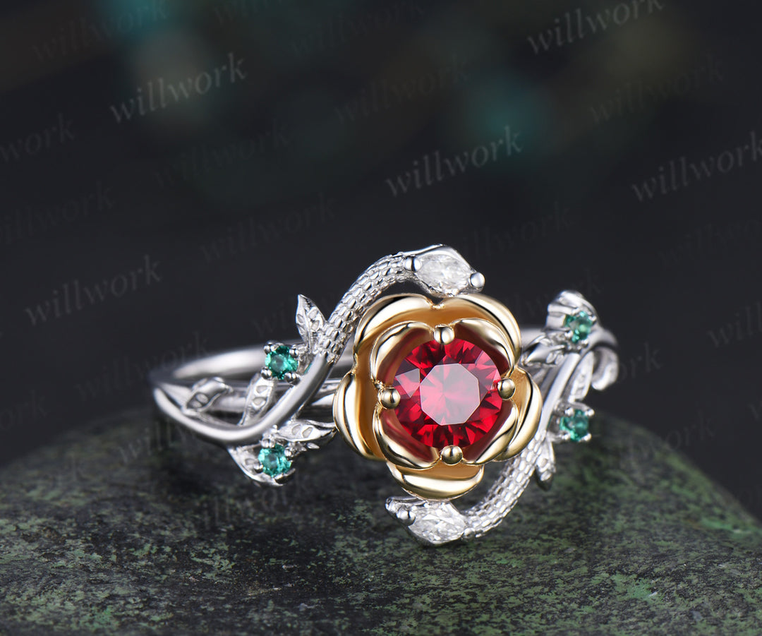 Round cut ruby florla ring two gold tone engagement ring unique emerald leaf twig snake ring gifts for women