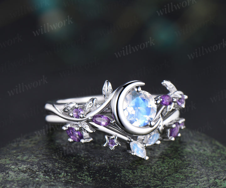Round moonstone leaf twig ring set nature inspired crescent moon star amethyst bridal ring set