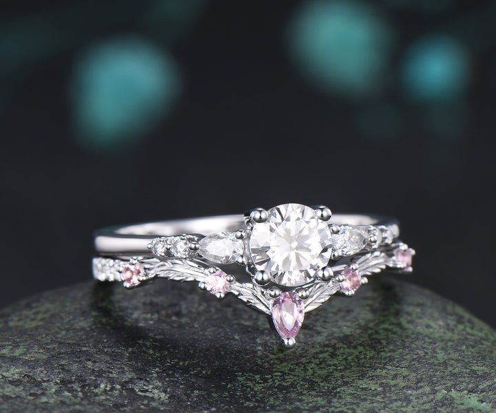 Round Moissanite Engagement Ring Set Minimalist Seven Stone Ring Curved Morganite Band Unique Moissanite Bridal Set
