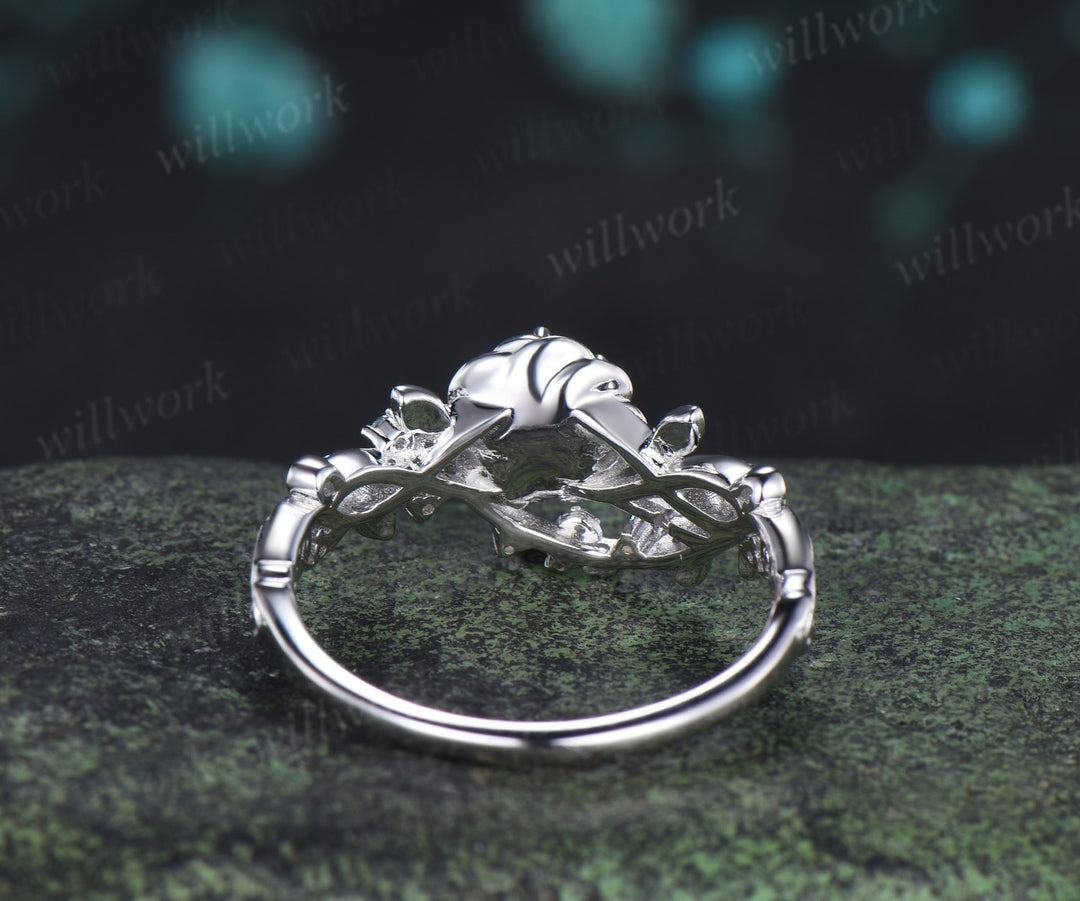 Round moonstone floral leaf ring infinity twisted alexandrite leaf engagement ring nature inspired bridal ring