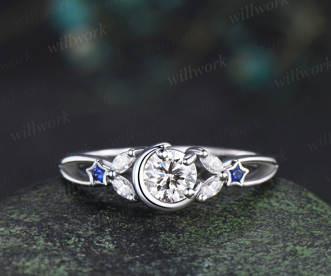 Round IGI lab grown diamond moon star ring set marquise diamond natural sapphire split shank ring unique crescent starry wedding bridal set