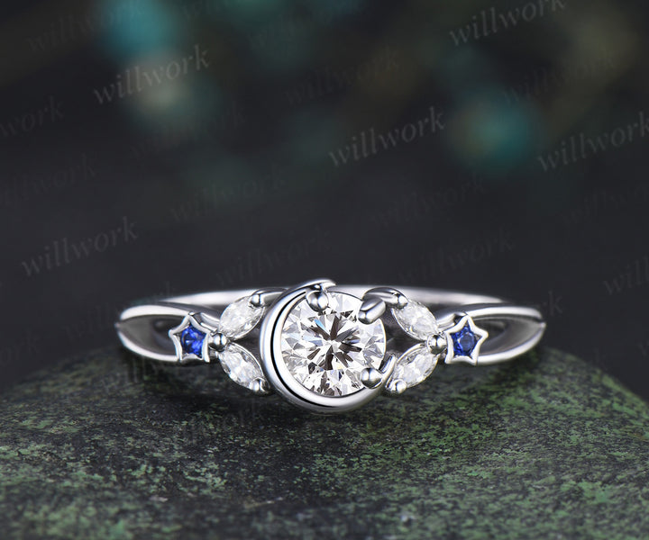 Round IGI lab grown diamond moon star ring set marquise diamond natural sapphire split shank ring unique crescent starry wedding bridal set