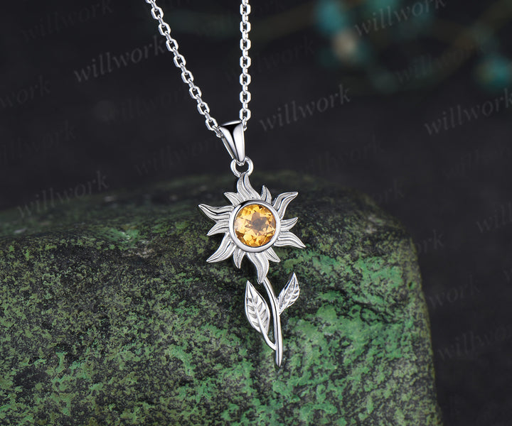 5mm round citrine sunflower pendant necklace bezel yellow gemstone leaf charm necklace for women