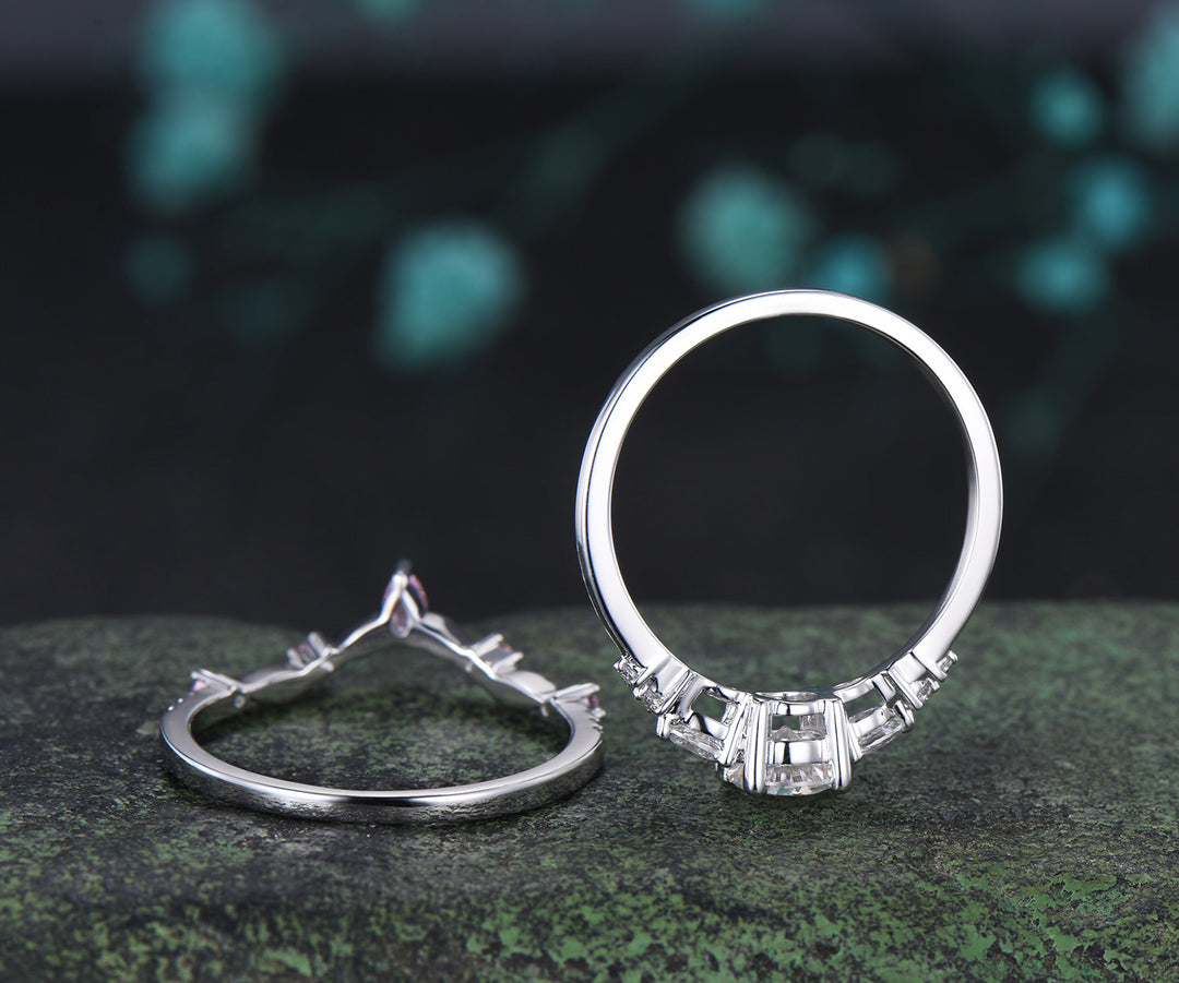 Round Moissanite Engagement Ring Set Minimalist Seven Stone Ring Curved Morganite Band Unique Moissanite Bridal Set