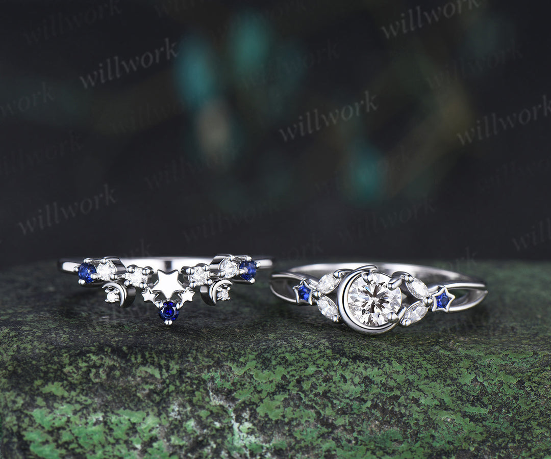 Round IGI lab grown diamond moon star ring set marquise diamond natural sapphire split shank ring unique crescent starry wedding bridal set